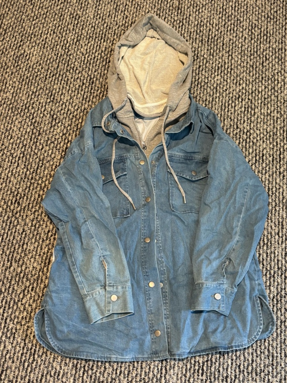 Central Park West Blue Denim Jacket with Gray Hood